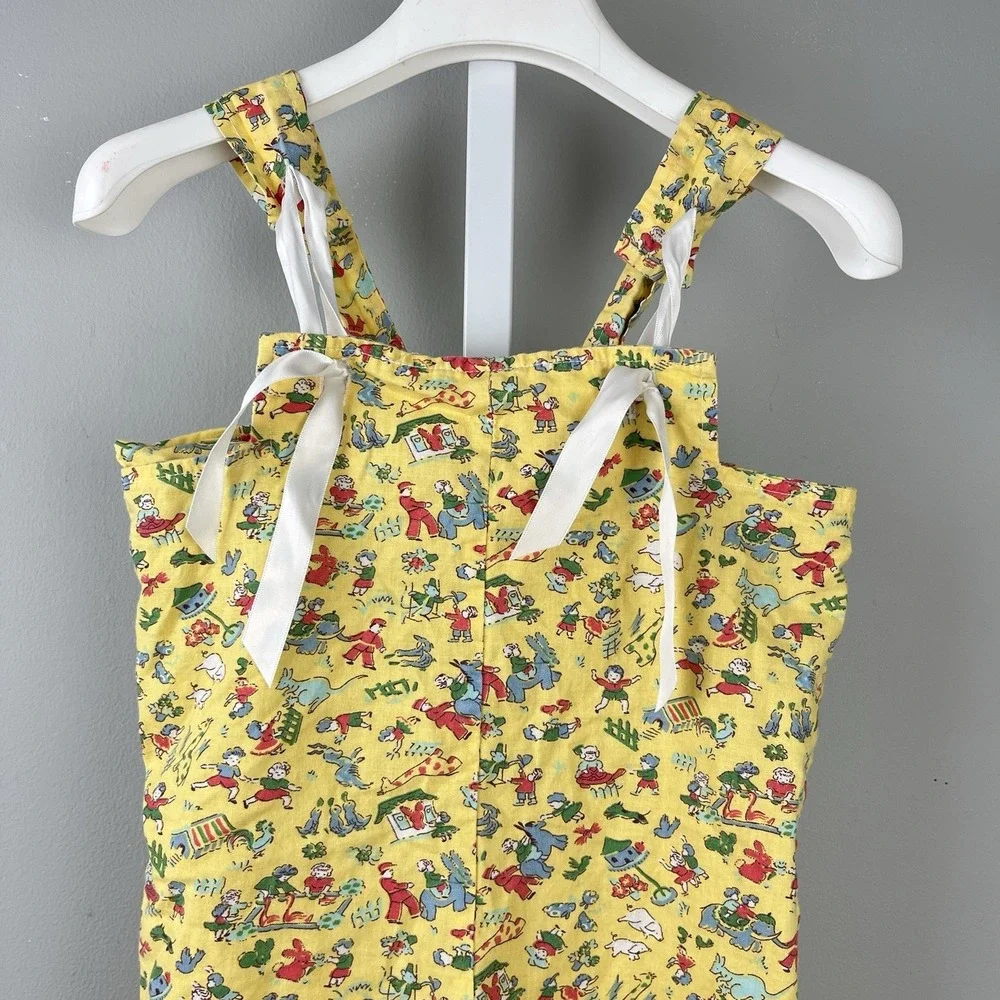 Vintage Three Girls Romper Overalls Baby Girl 12M Yellow Farm Animal‎ Print USA